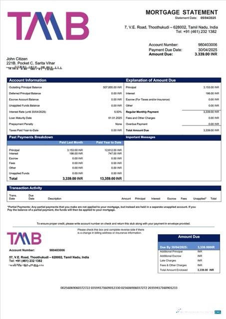Download India Tamilnad Mercantile Bank mortgage statement Word and PDF template Photoshop template